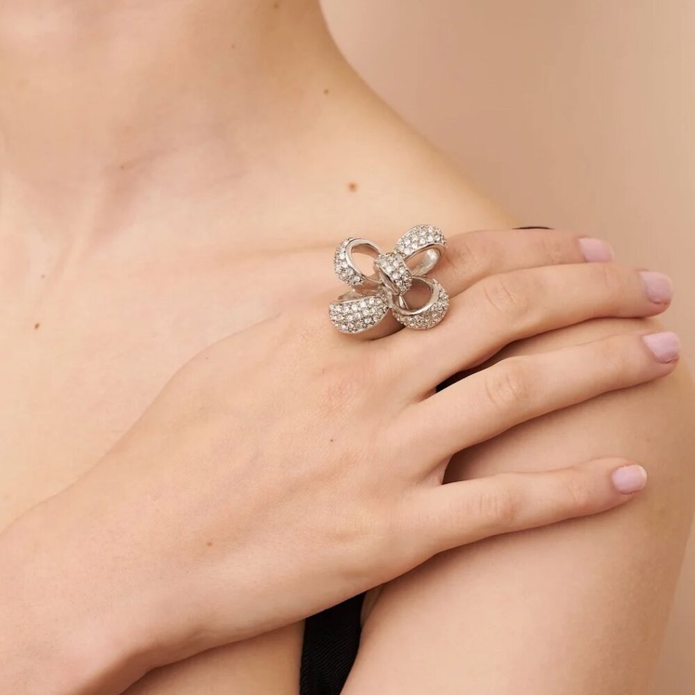 Kenneth Jay Lane Pave Crystal Silver Bow Adjustable Ring
